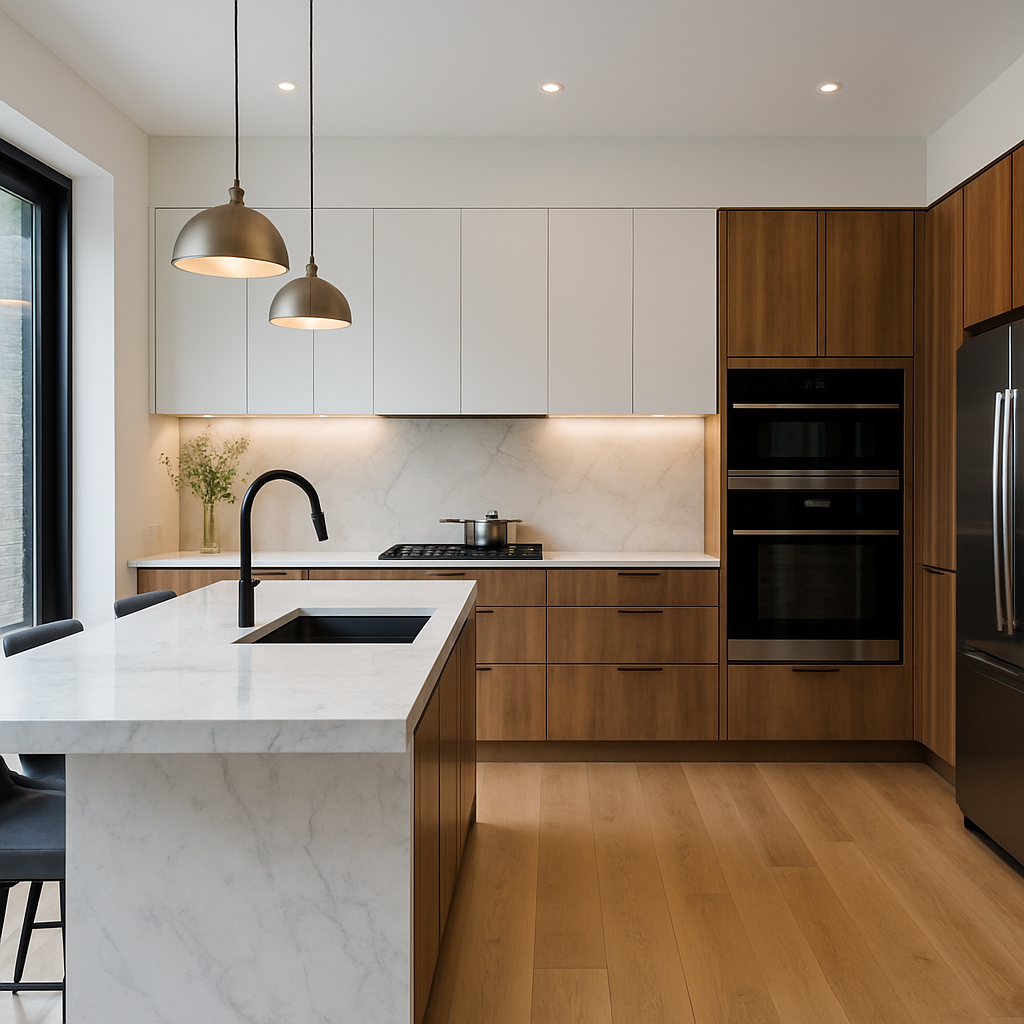 Moderne keuken met witte kasten en granieten aanrechtblad in een gerenoveerde woning