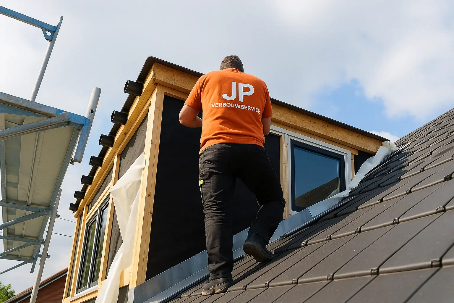 Houten dakkapel met grijze kozijnen en strak dakafwerking op een tussenwoning in Rotterdam