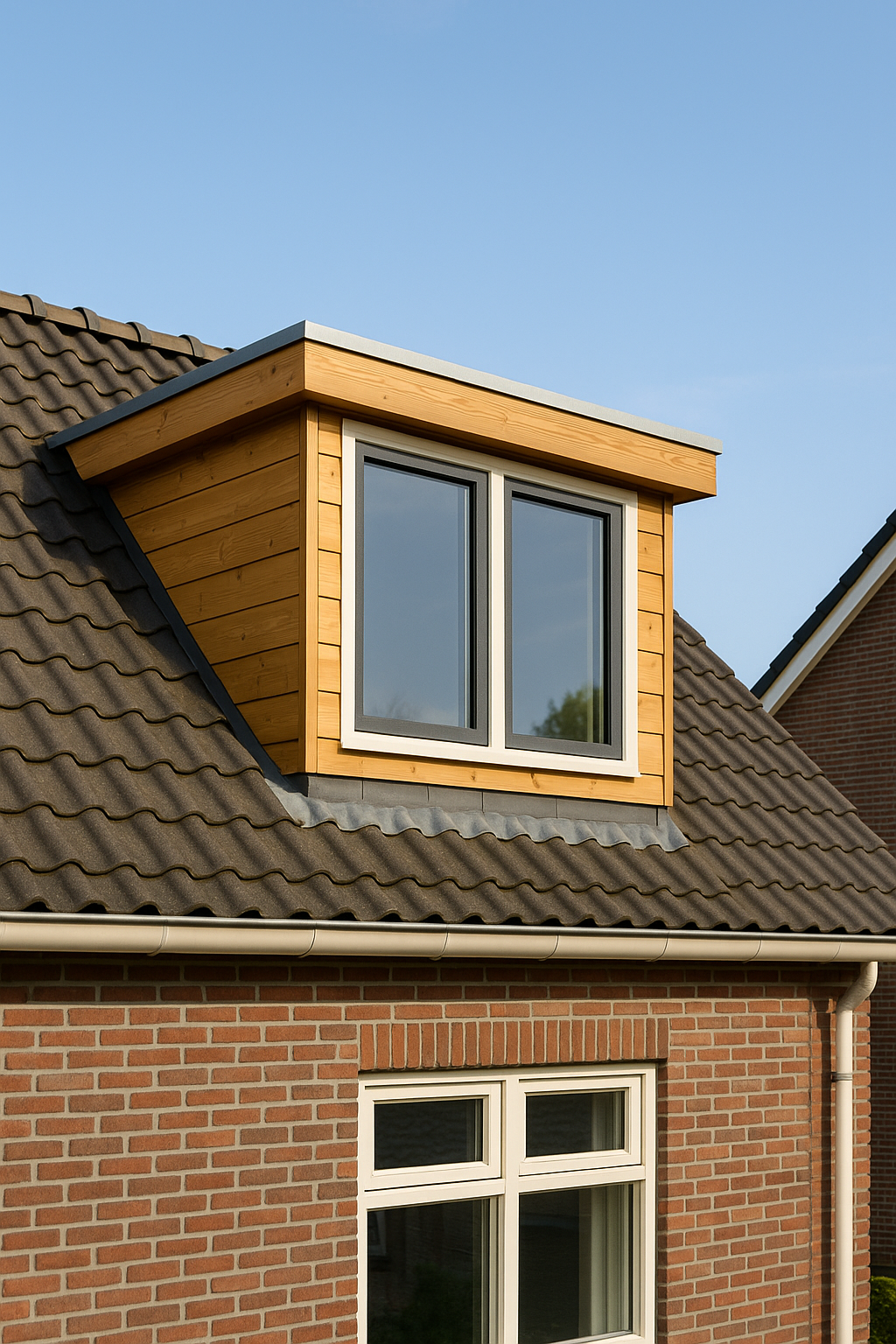 Houten dakkapel met beige kozijnen en strak dakafwerking op een tussenwoning in Gouda