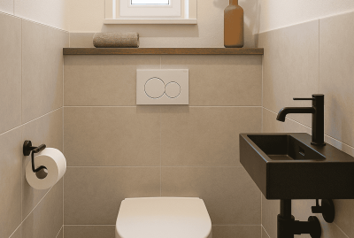 Gerenoveerd toilet met moderne wandtegels en hangend sanitair