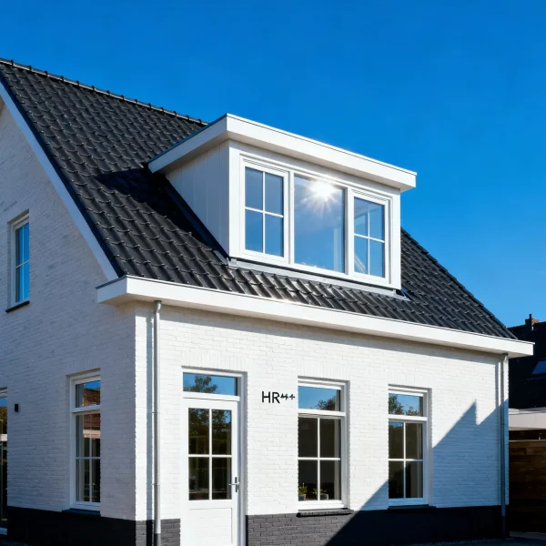 Nieuwe dakkapel geplaatst op een schuin dak met strak kunststof kozijn en HR++ glas.